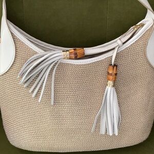 Talbots White Leather Shoulder Bag with Bamboo Details